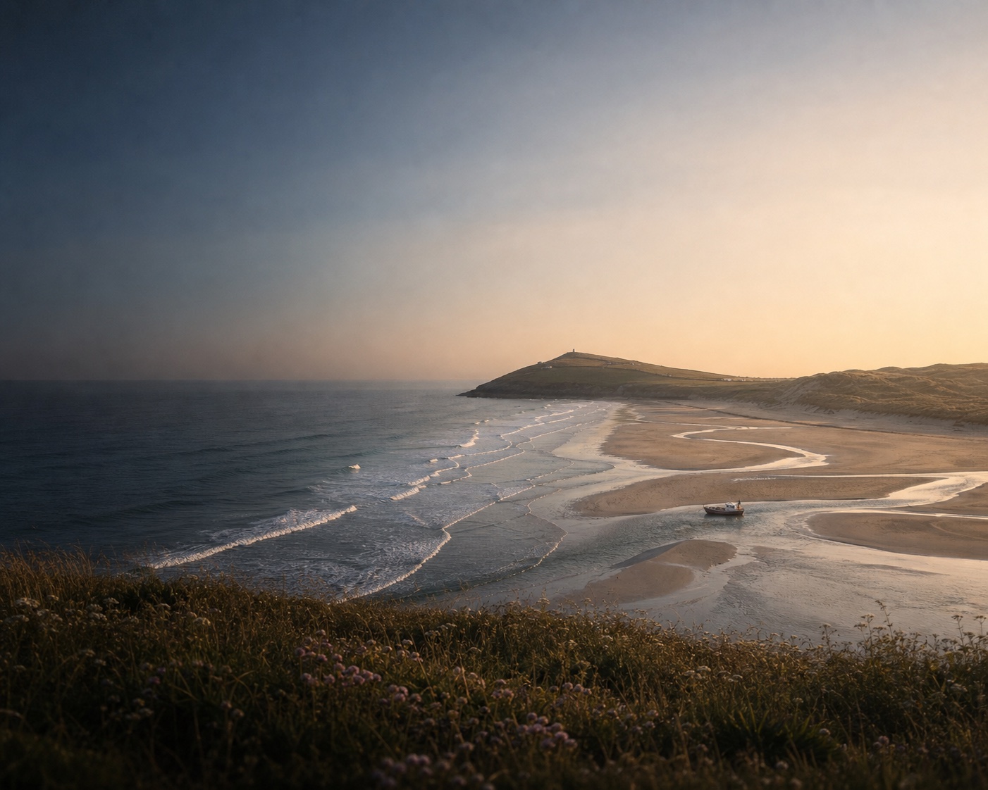 Crantock surf meeting the River Gannel's tidal channels beneath Pentire Point