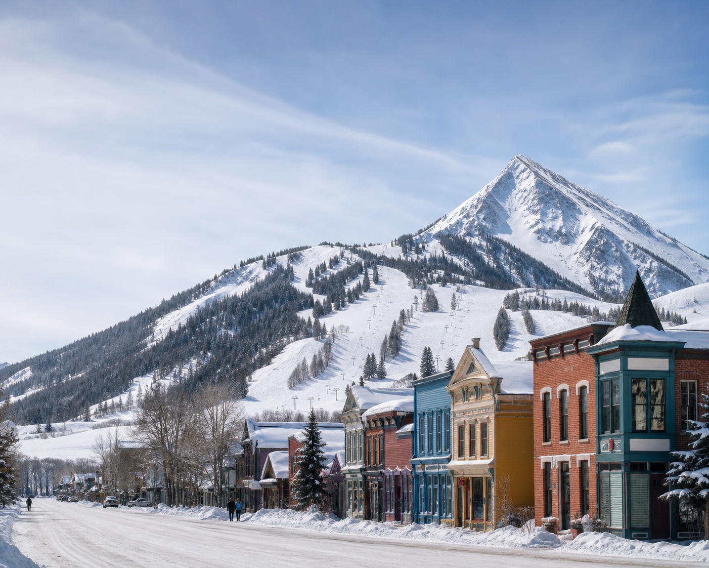Crested Butte's pyramidal peak above the colourful Victorian town