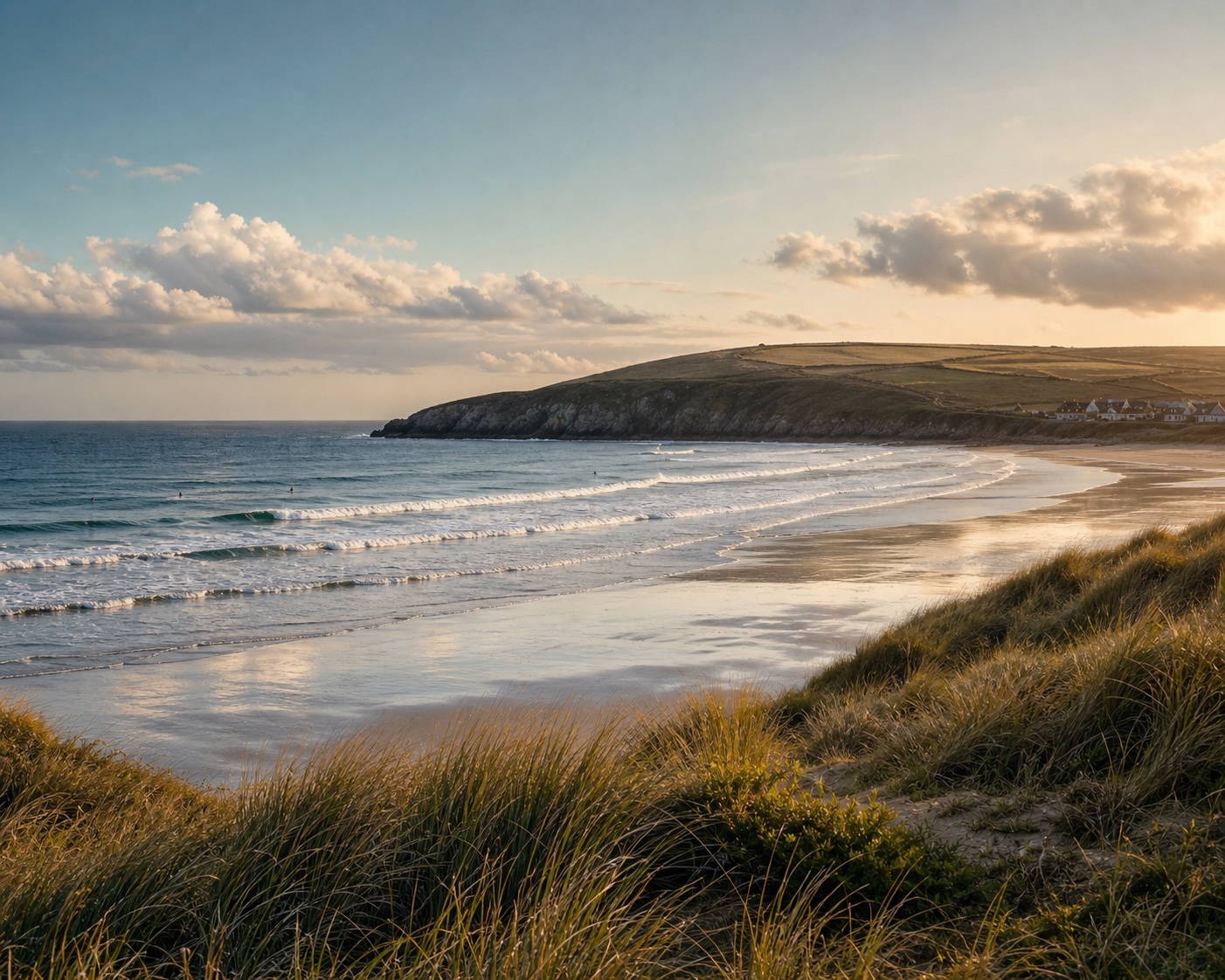 Surf lines crossing Croyde Bay towards Baggy Point beyond the dunes
