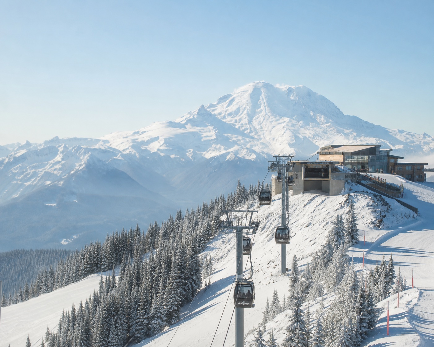Crystal Mountain gondola and summit lodge before glacier-covered Mount Rainier