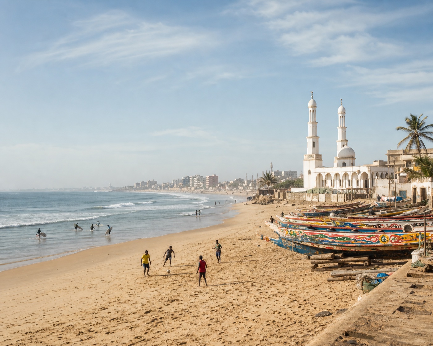 Yoff surf beside colourful pirogues and the white Layene mosque