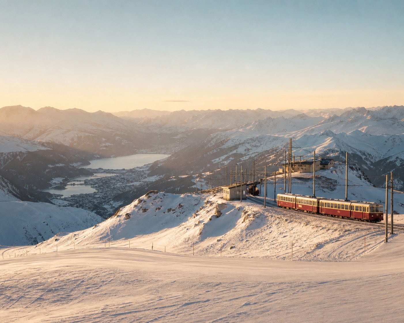 The Parsenn mountain railway above the snowy Davos valley and lake