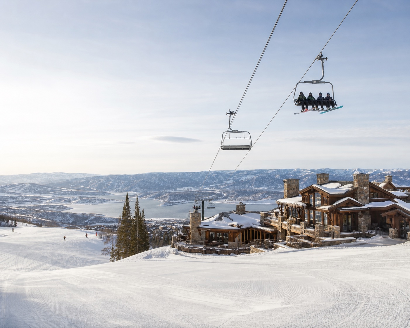 Deer Valley pistes and Stein Eriksen Lodge above the Wasatch landscape