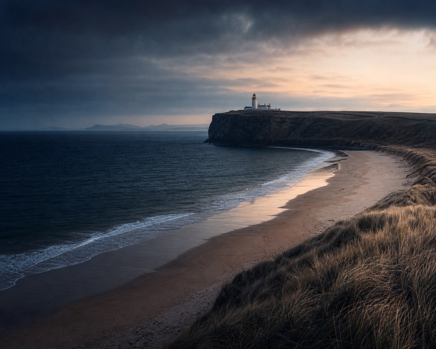 Dunnet Bay surf and dunes beneath its lighthouse-topped northern headland