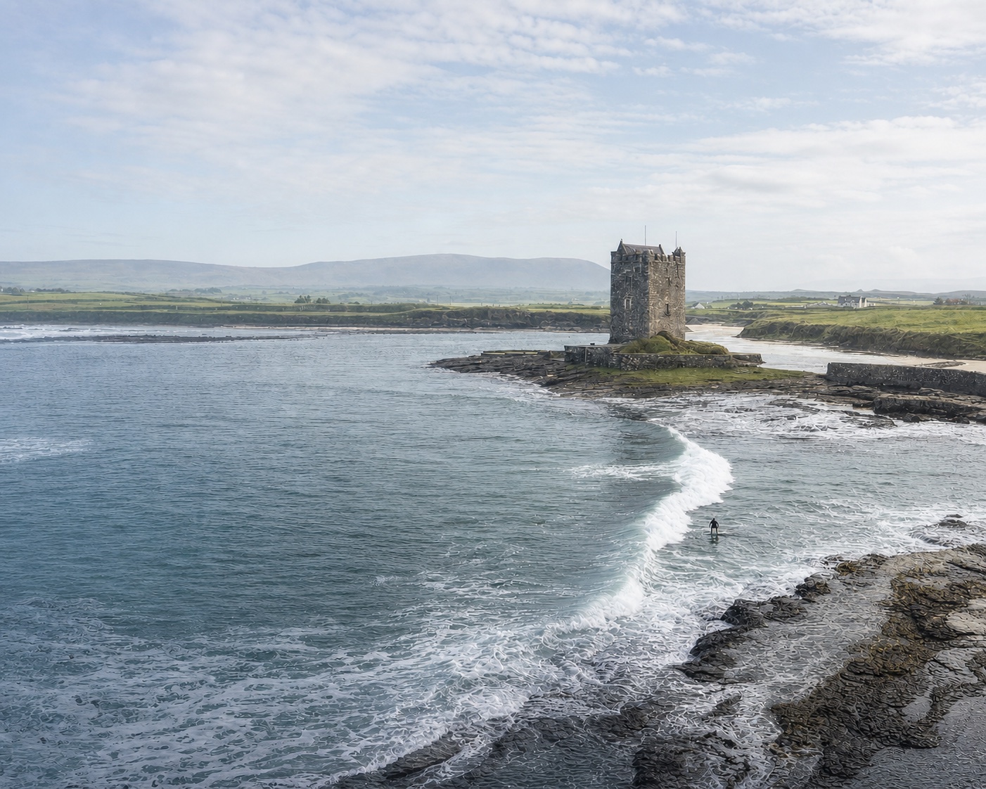 Easkey surf wrapping past O'Dowd Castle at the river mouth