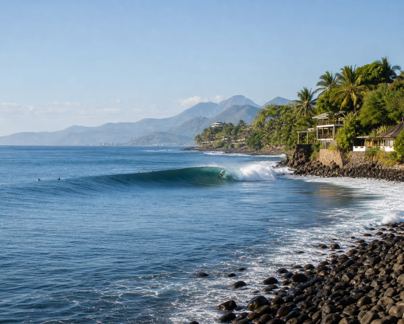 El Sunzal's long right-hand wave peeling along its black cobblestone point