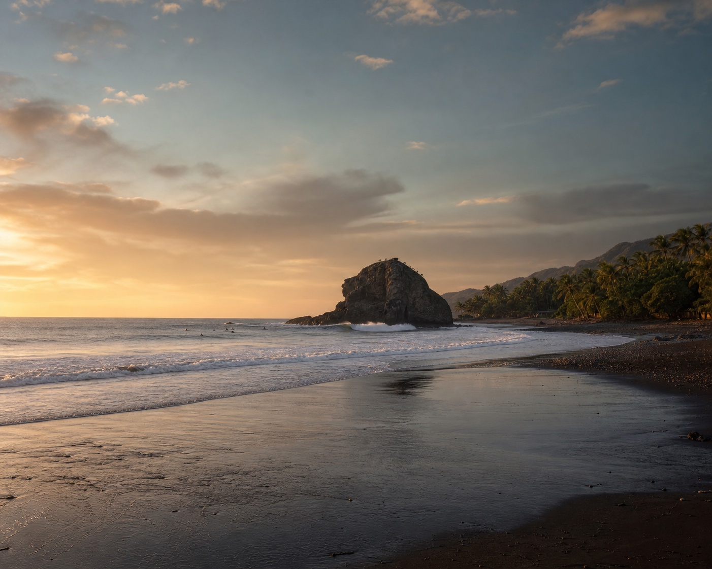 El Tunco's famous volcanic sea rock reflected on the black-sand beach