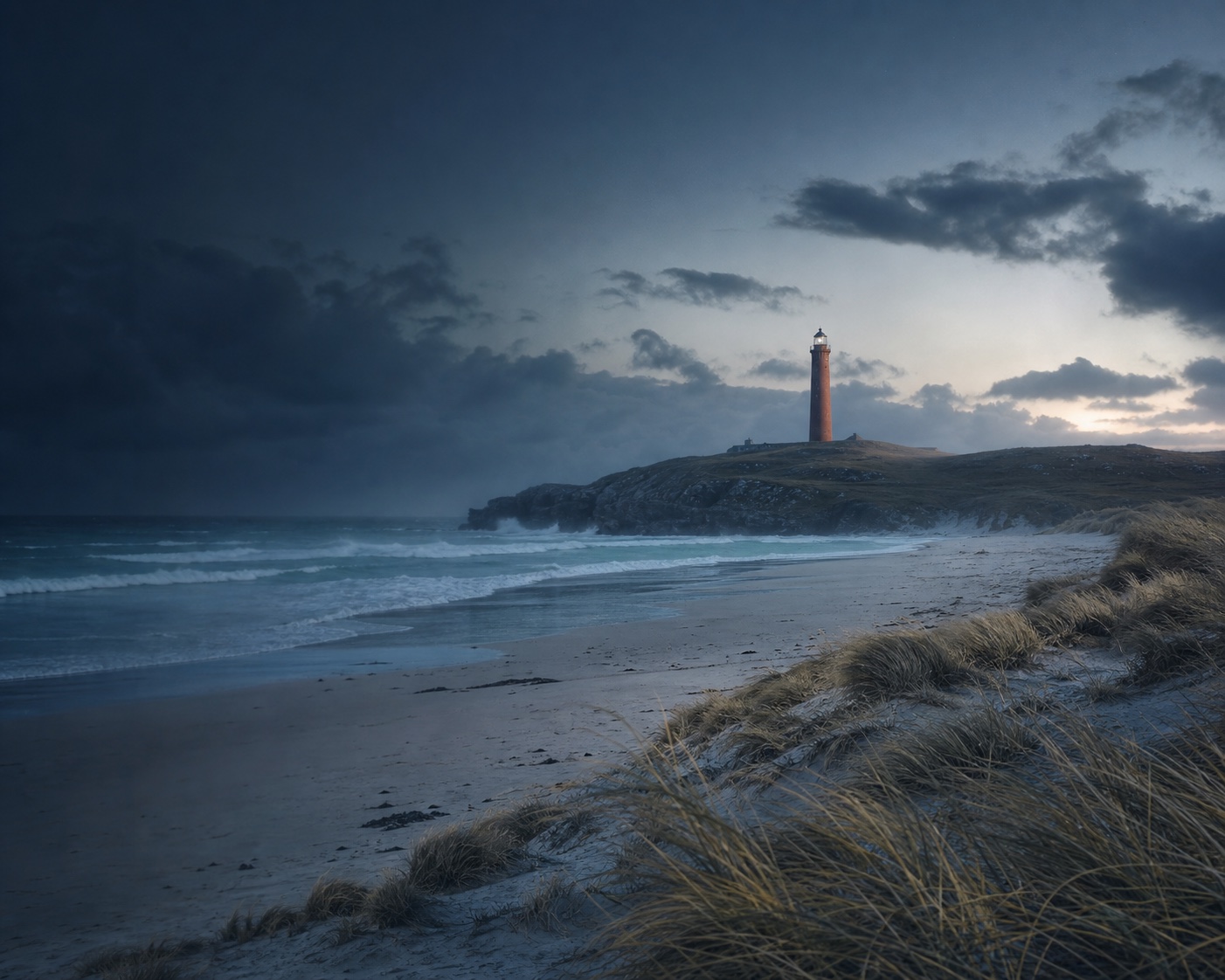 Eoropie surf and high dunes beneath the red-brick Butt of Lewis lighthouse