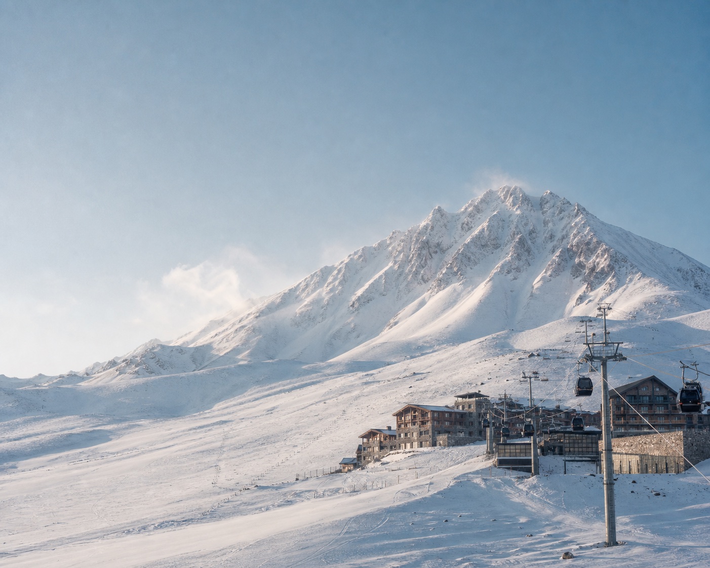 Mount Erciyes rising above its gondola and snowy pistes