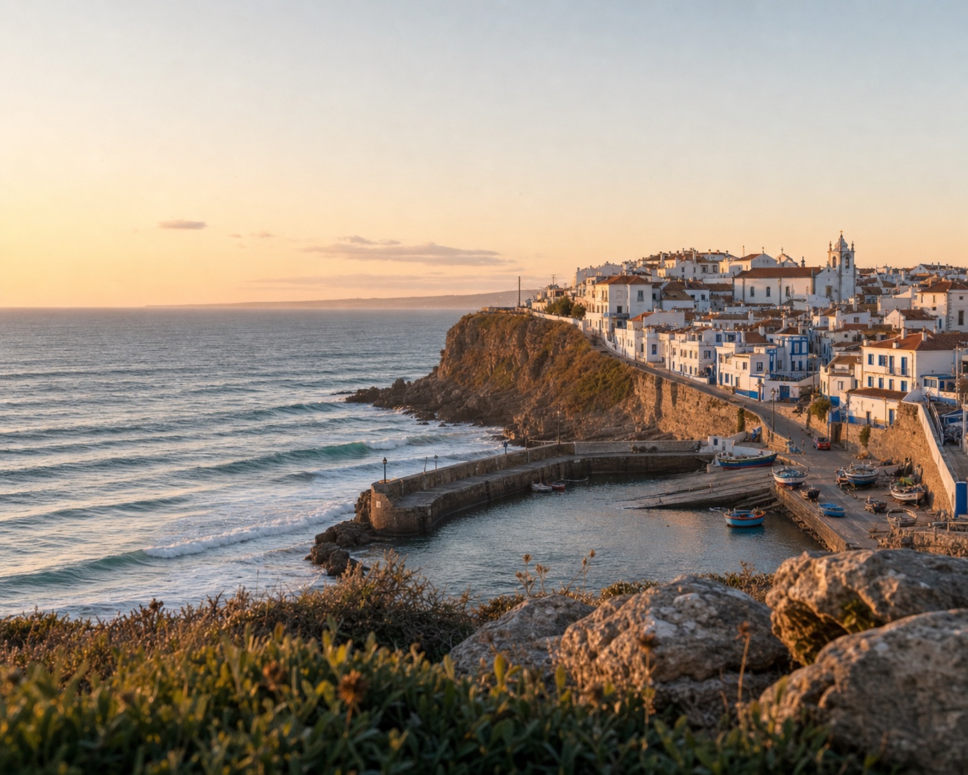 Ericeira's blue and white fishing village above its Atlantic harbour