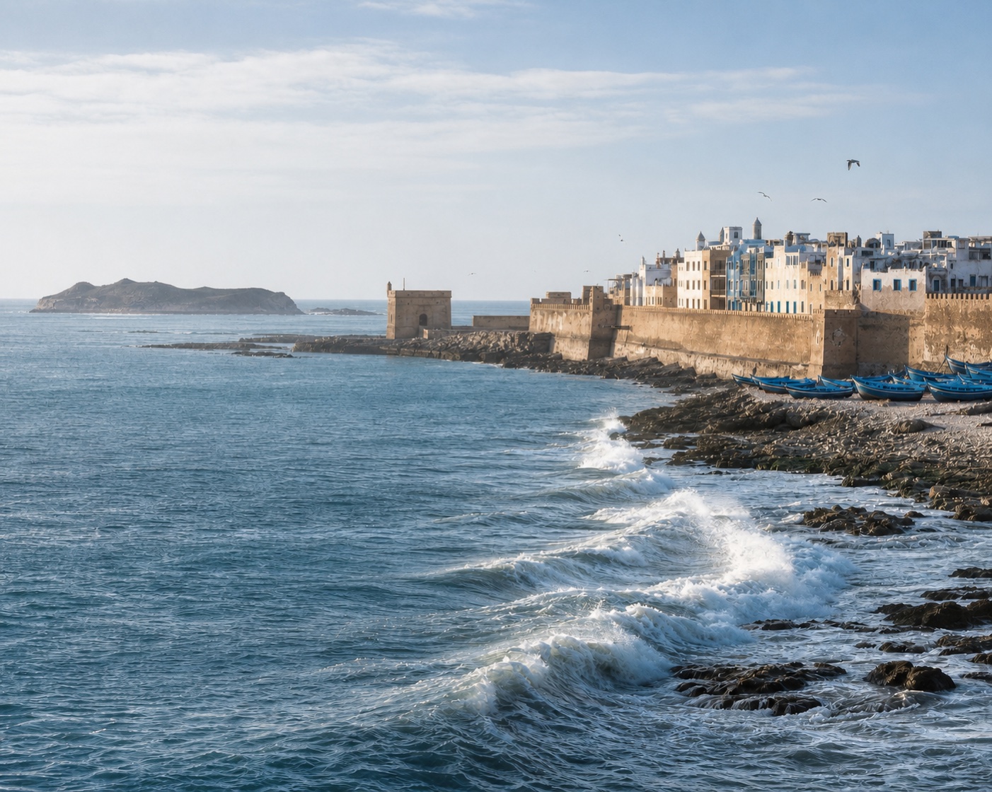 Essaouira surf beneath the Skala ramparts and fortified medina