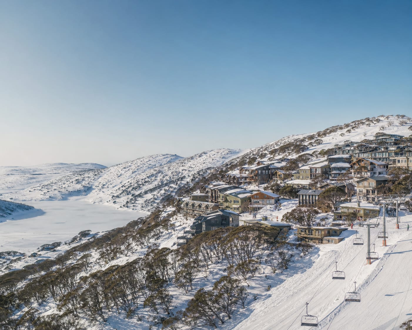 Falls Creek's ski-in village beside the frozen Rocky Valley Lake