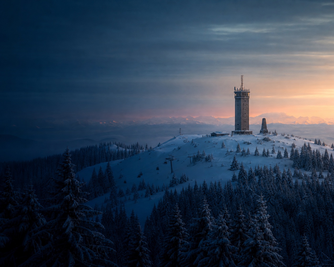 The Feldberg summit tower above snowy Black Forest spruce