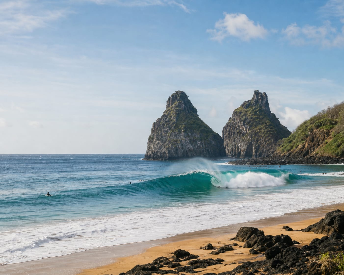 Cacimba do Padre surf before Fernando de Noronha's twin Dois Irmãos stacks