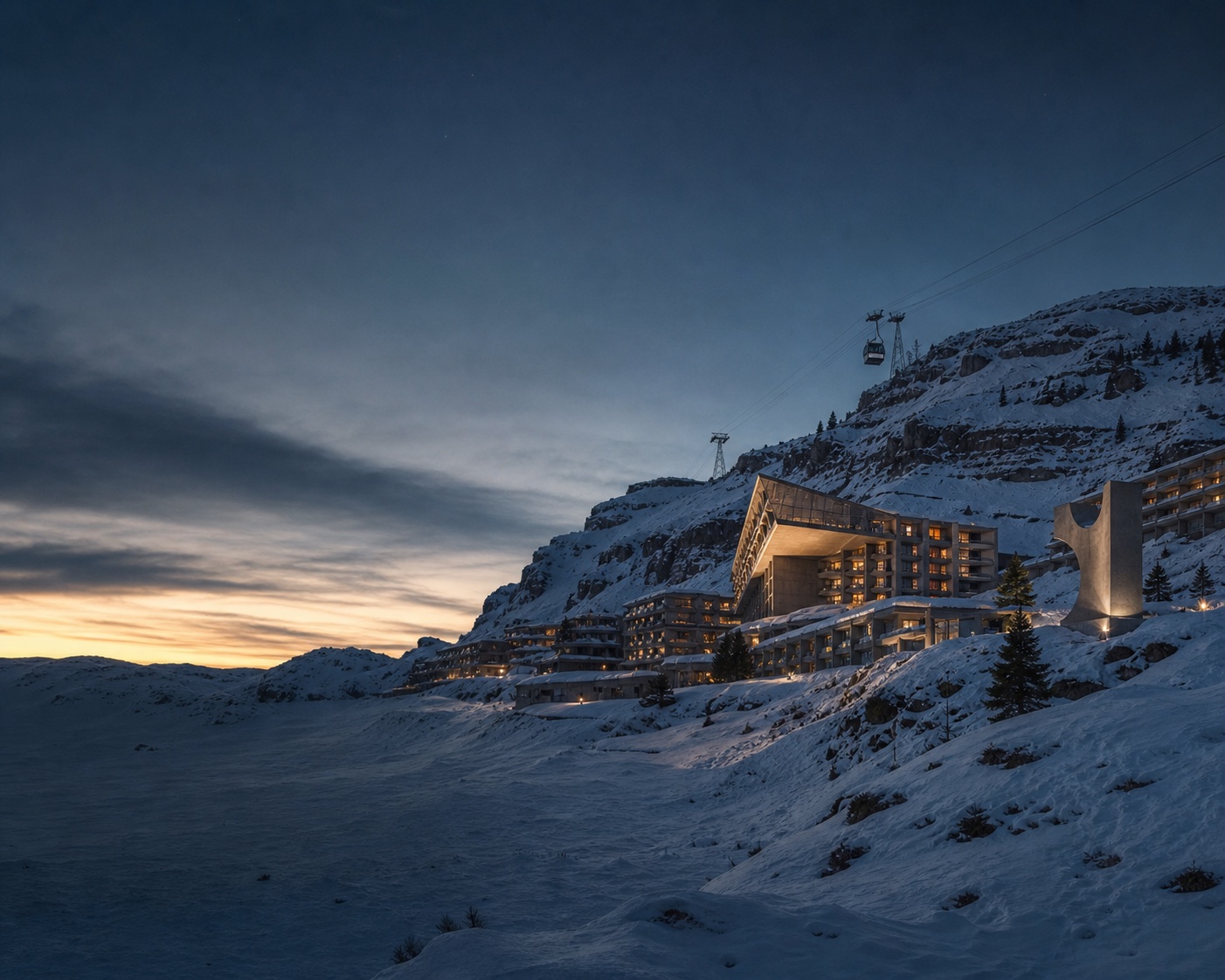 Flaine's landmark modernist buildings beneath the Grandes Platières cable car