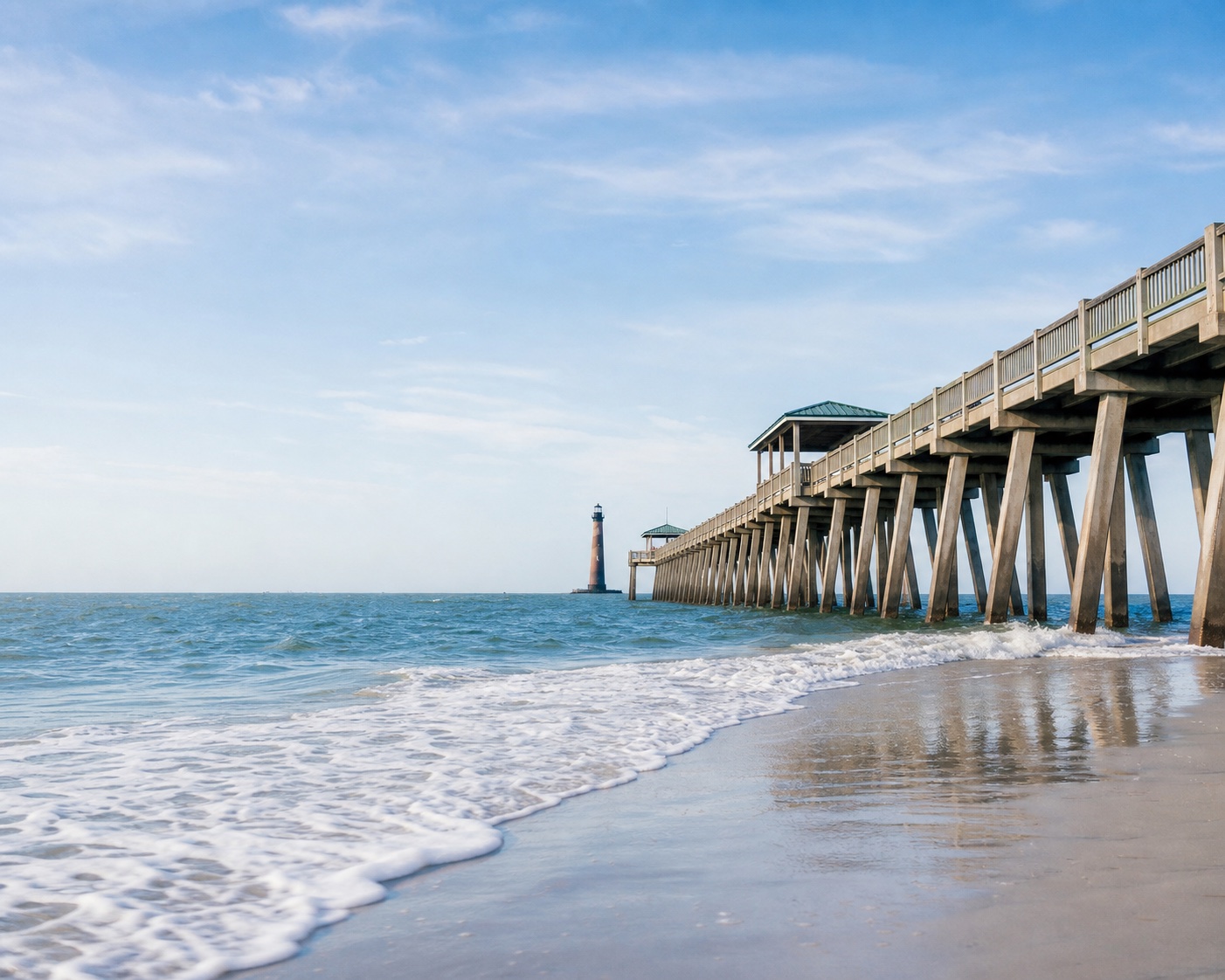 Folly Beach surf beneath its pier with Morris Island Lighthouse beyond