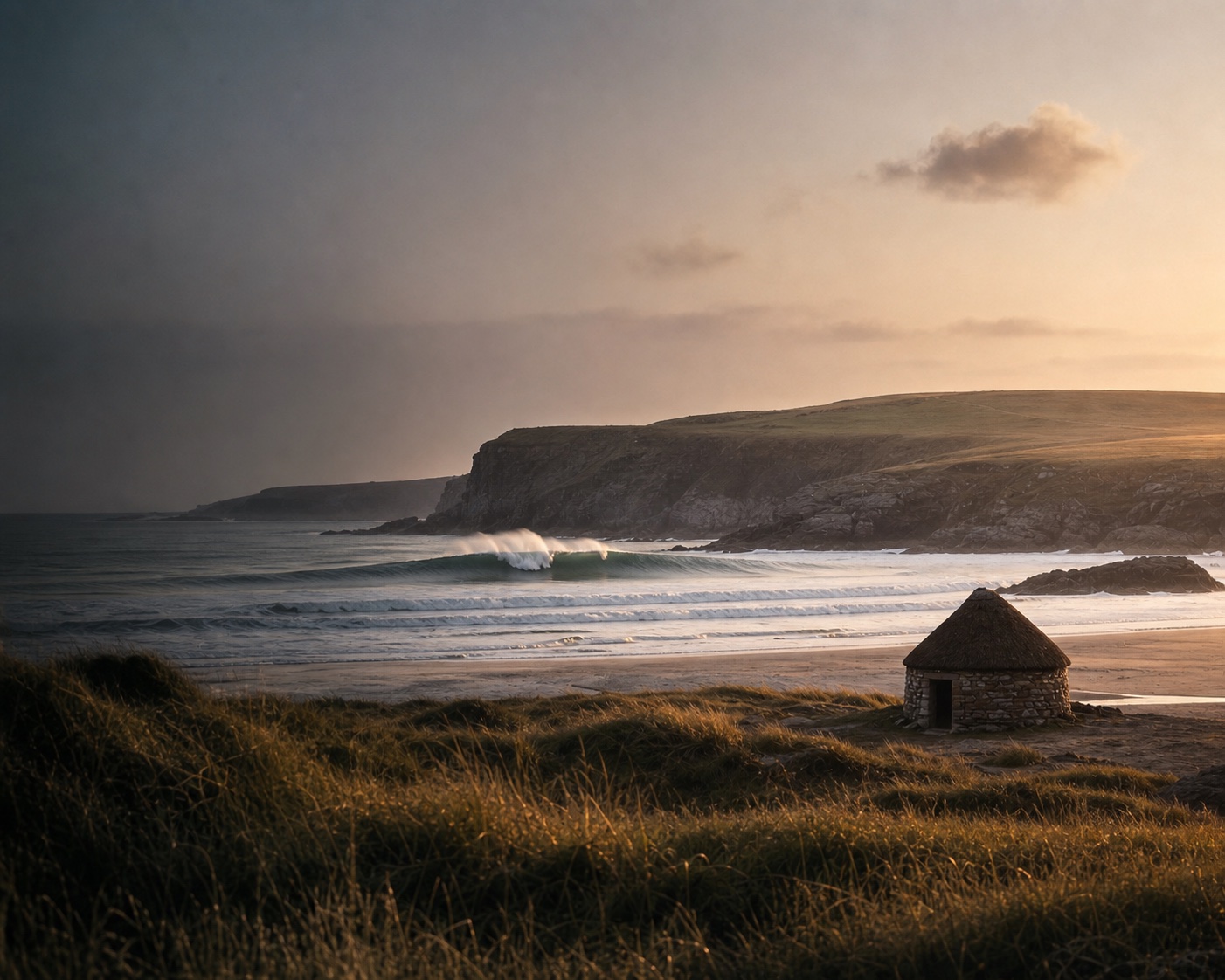 Freshwater West surf beside a thatched seaweed hut and Pembrokeshire cliffs