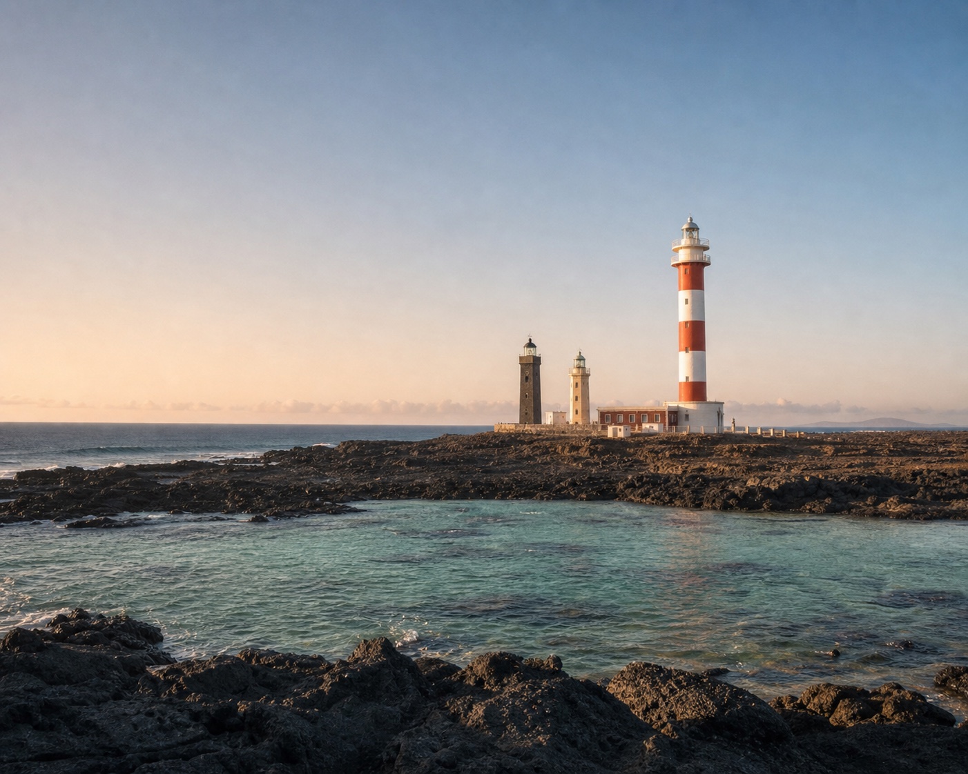 The three Tostón lighthouse towers beyond volcanic rock and clear lagoons at El Cotillo