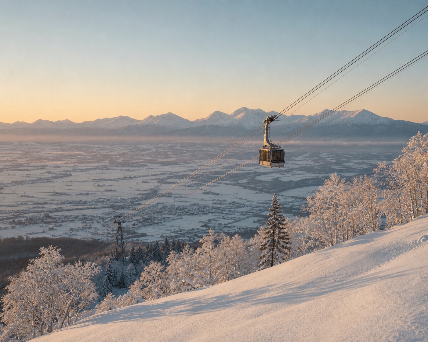 The Furano Ropeway above the snowy valley and Tokachidake mountain range