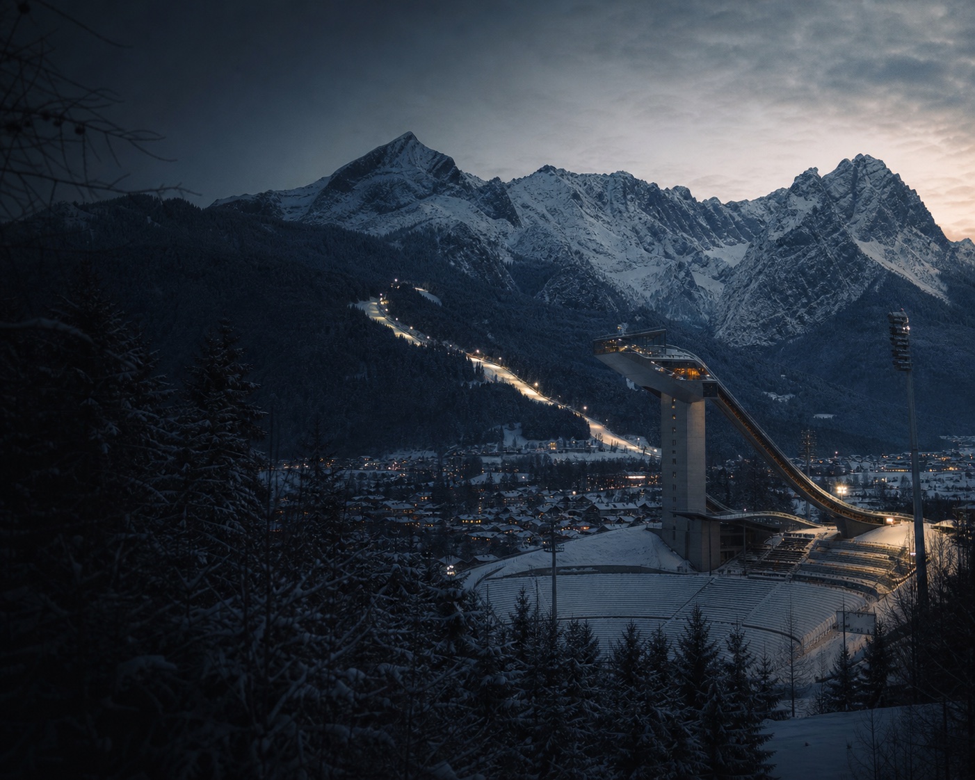 Garmisch's Olympic ski jump beneath the pyramid of the Alpspitze