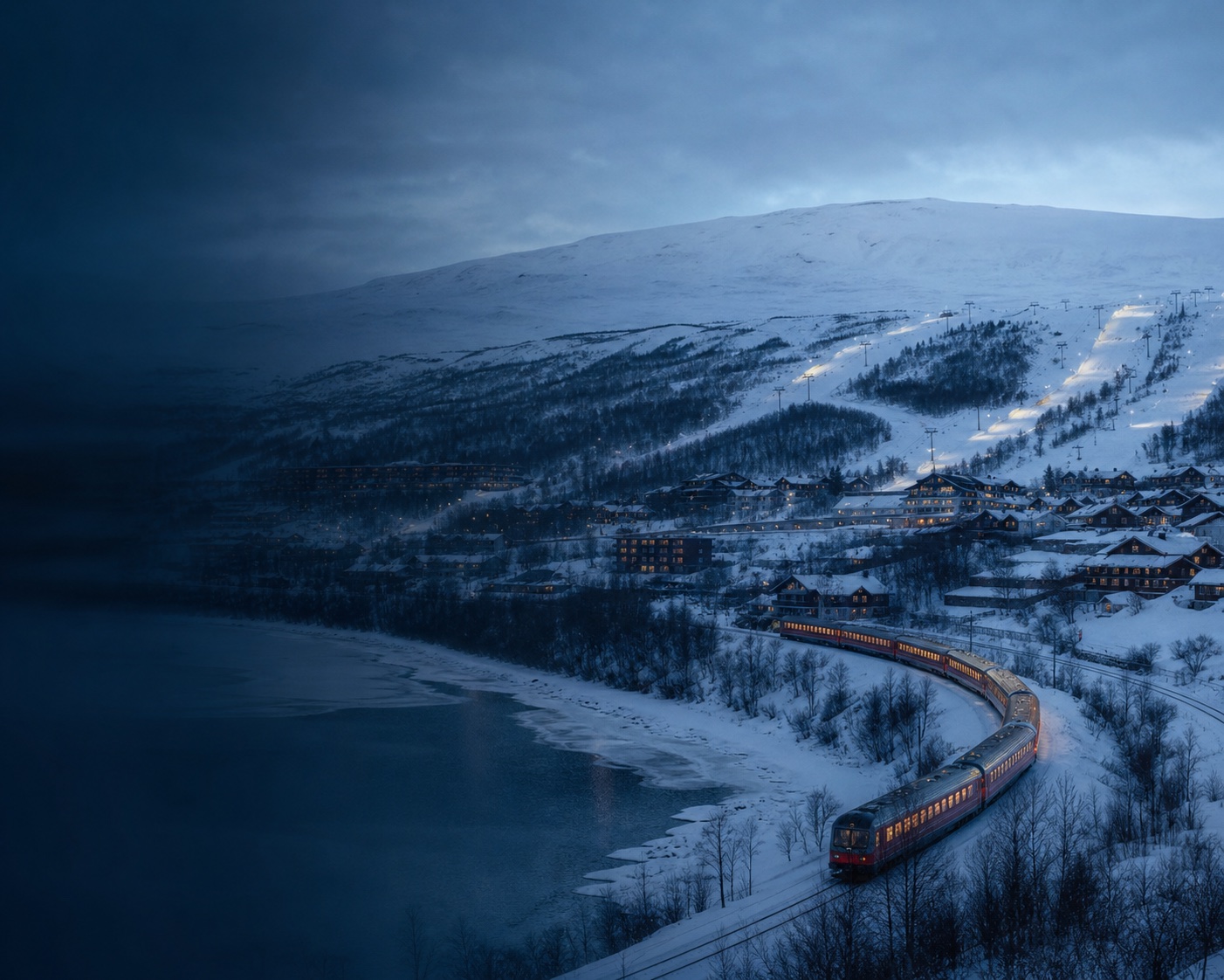 A Bergen Line train crossing snowy Geilo beneath Hallingskarvet