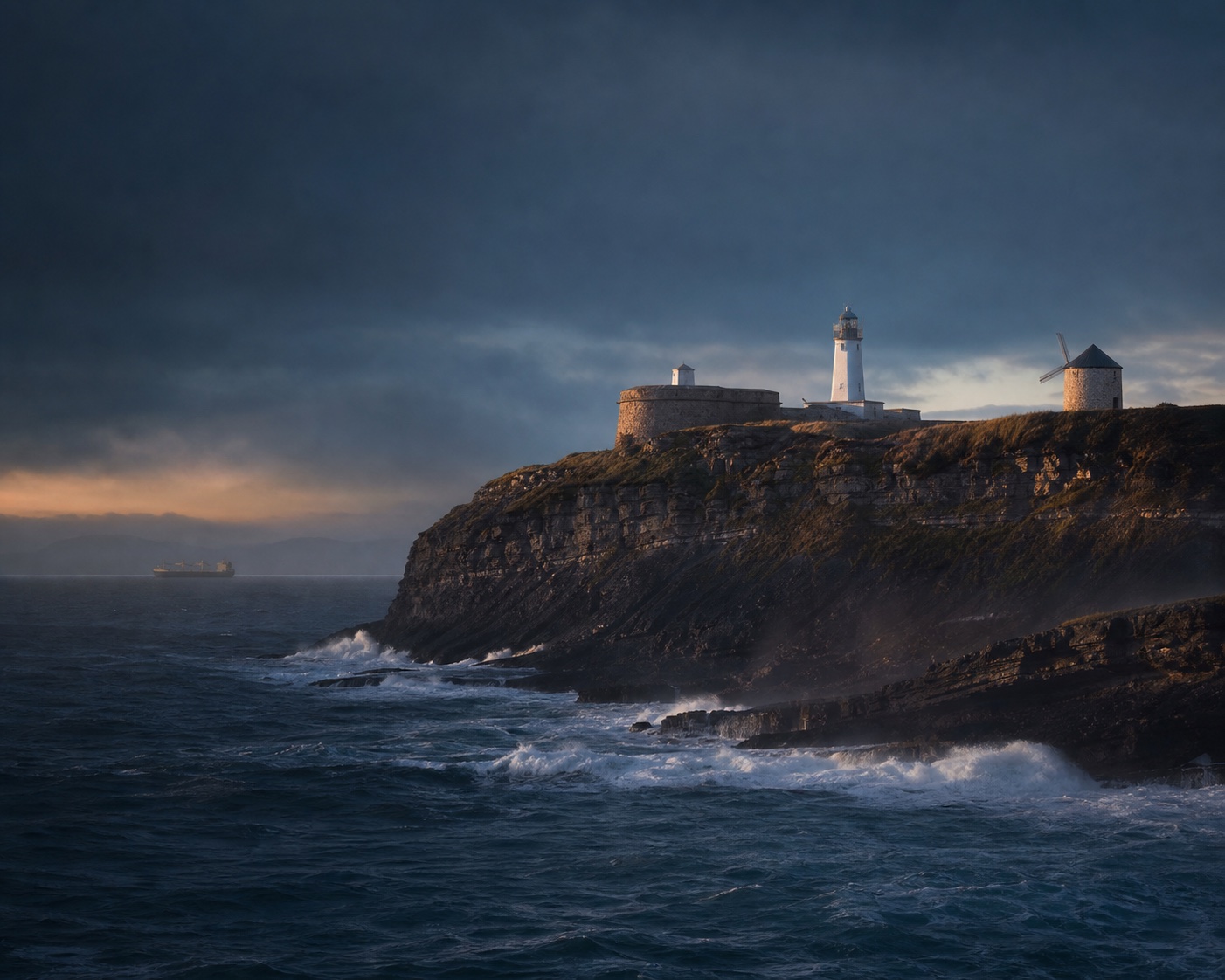 Punta Galea surf beneath Getxo's lighthouse and cliff-top fortress