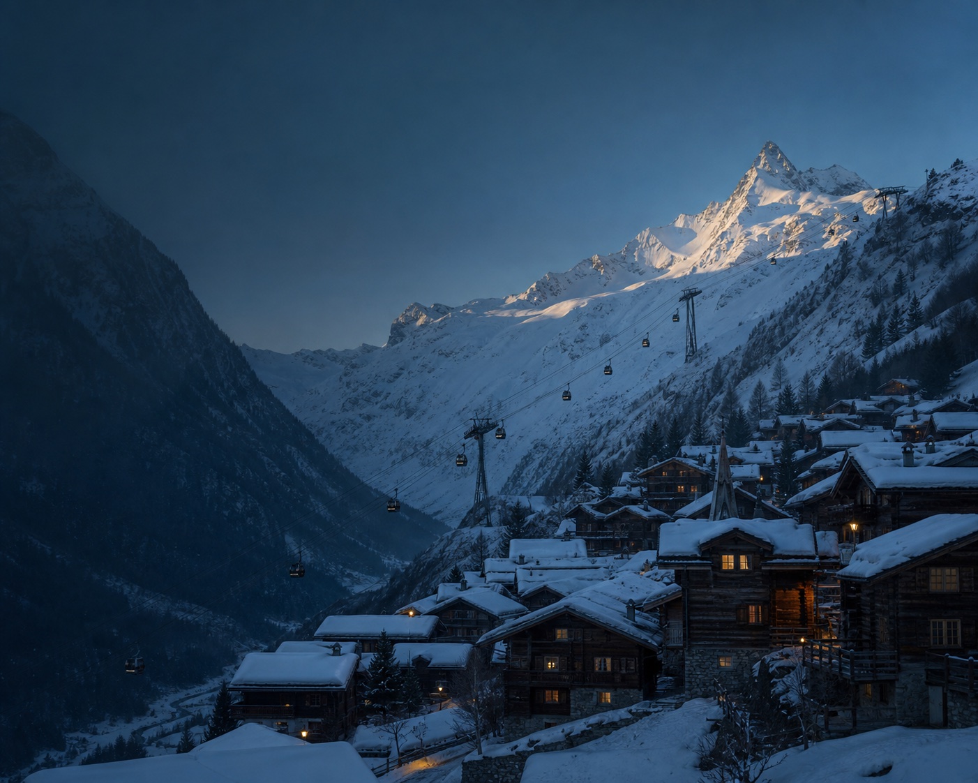 Grimentz's dark larch chalets and cable car beneath the Zinalrothorn