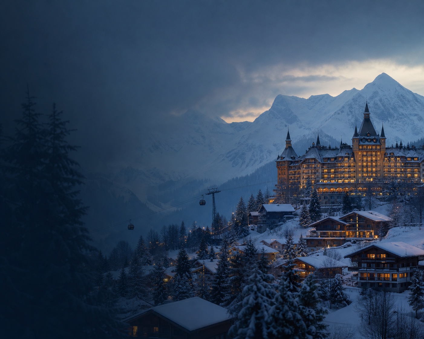 Gstaad Palace glowing above the resort's snow-covered chalet village