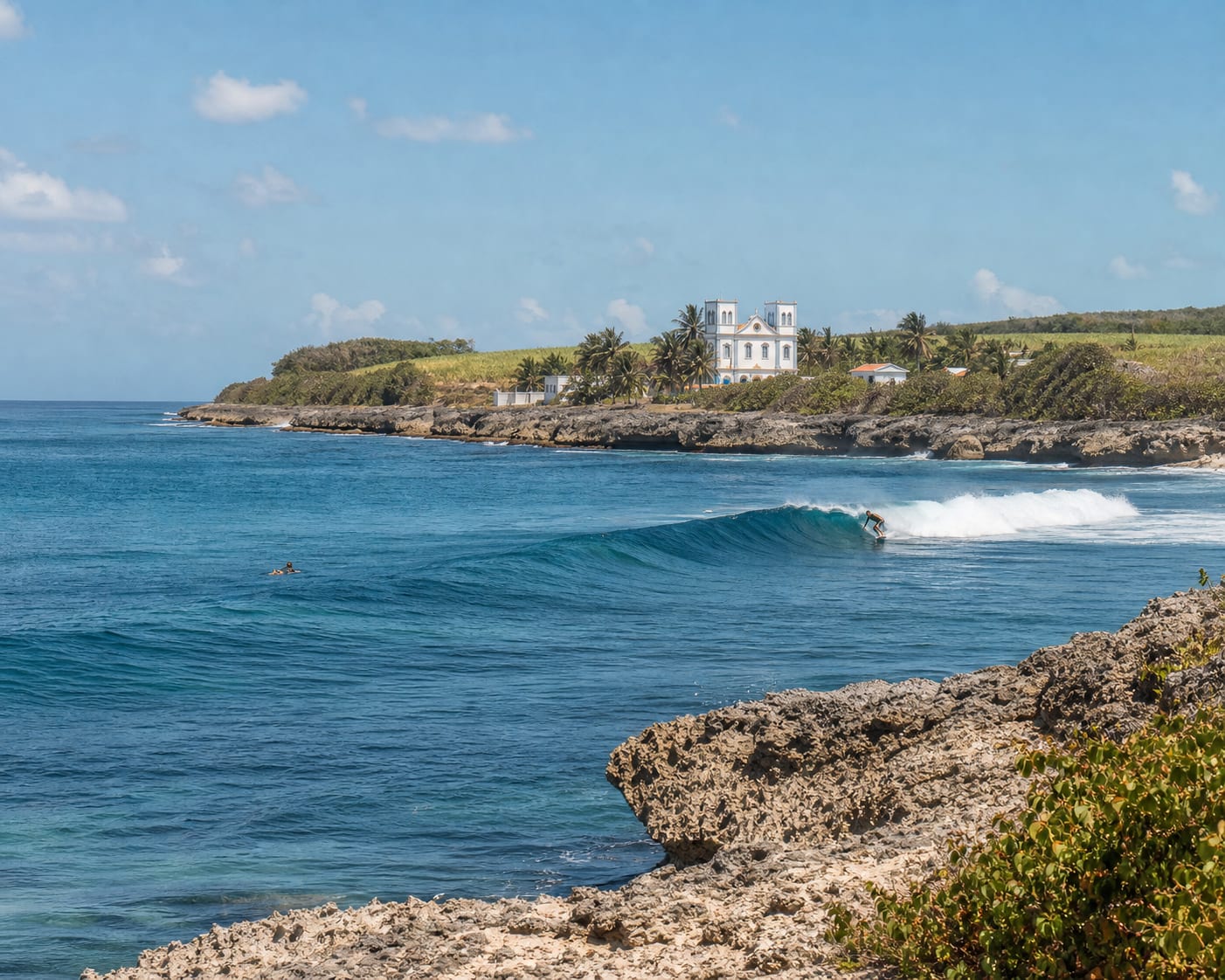 Damencourt reef surf meeting Le Moule's rugged limestone coast