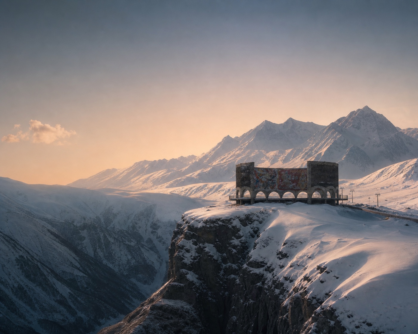 The Gudauri Friendship Monument perched above a snowy Greater Caucasus valley