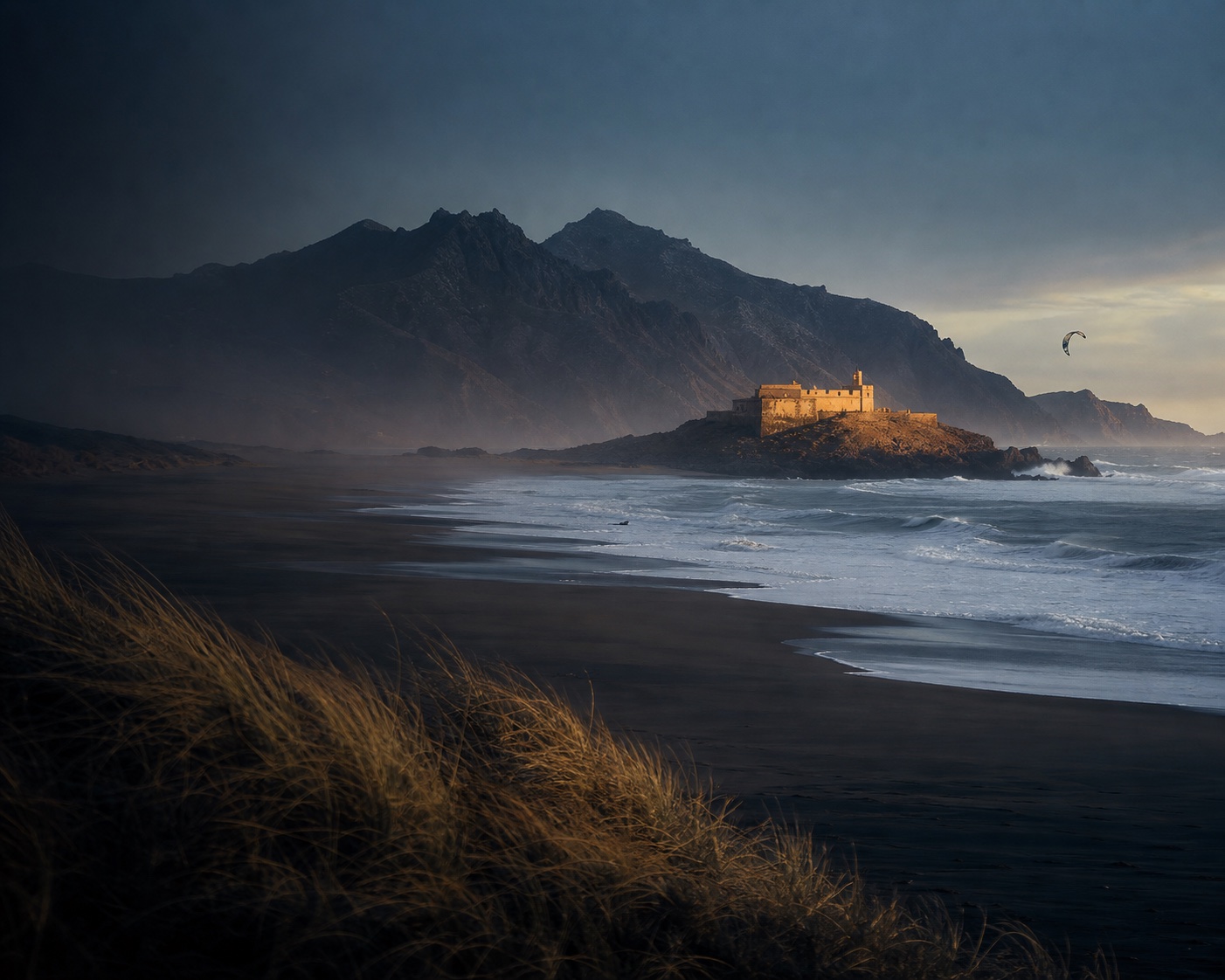 Guincho surf, its coastal fortress and the Serra de Sintra