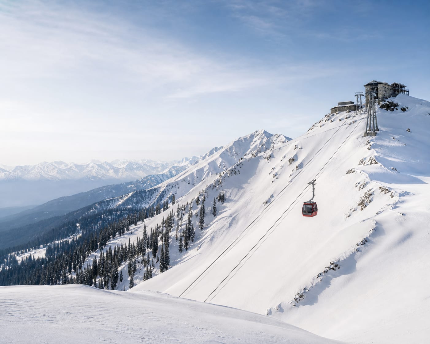 Gulmarg gondola crossing the open snowfields of Mount Apharwat