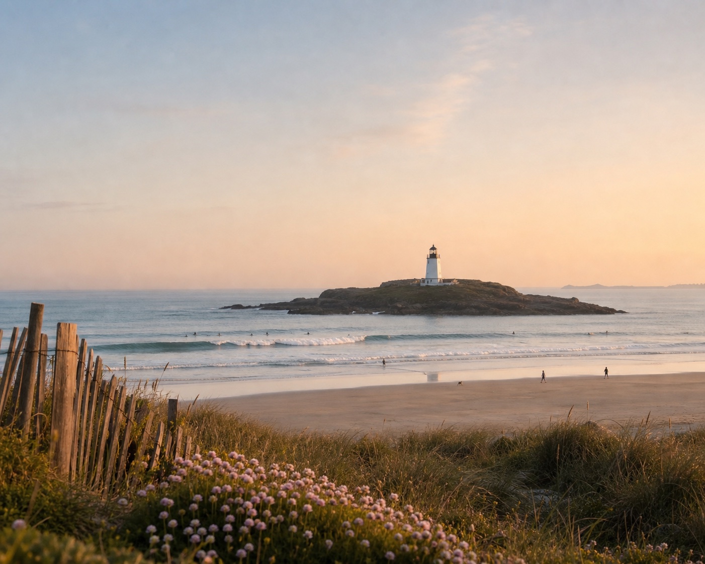 Godrevy Lighthouse beyond Gwithian beach and its flower-covered dunes