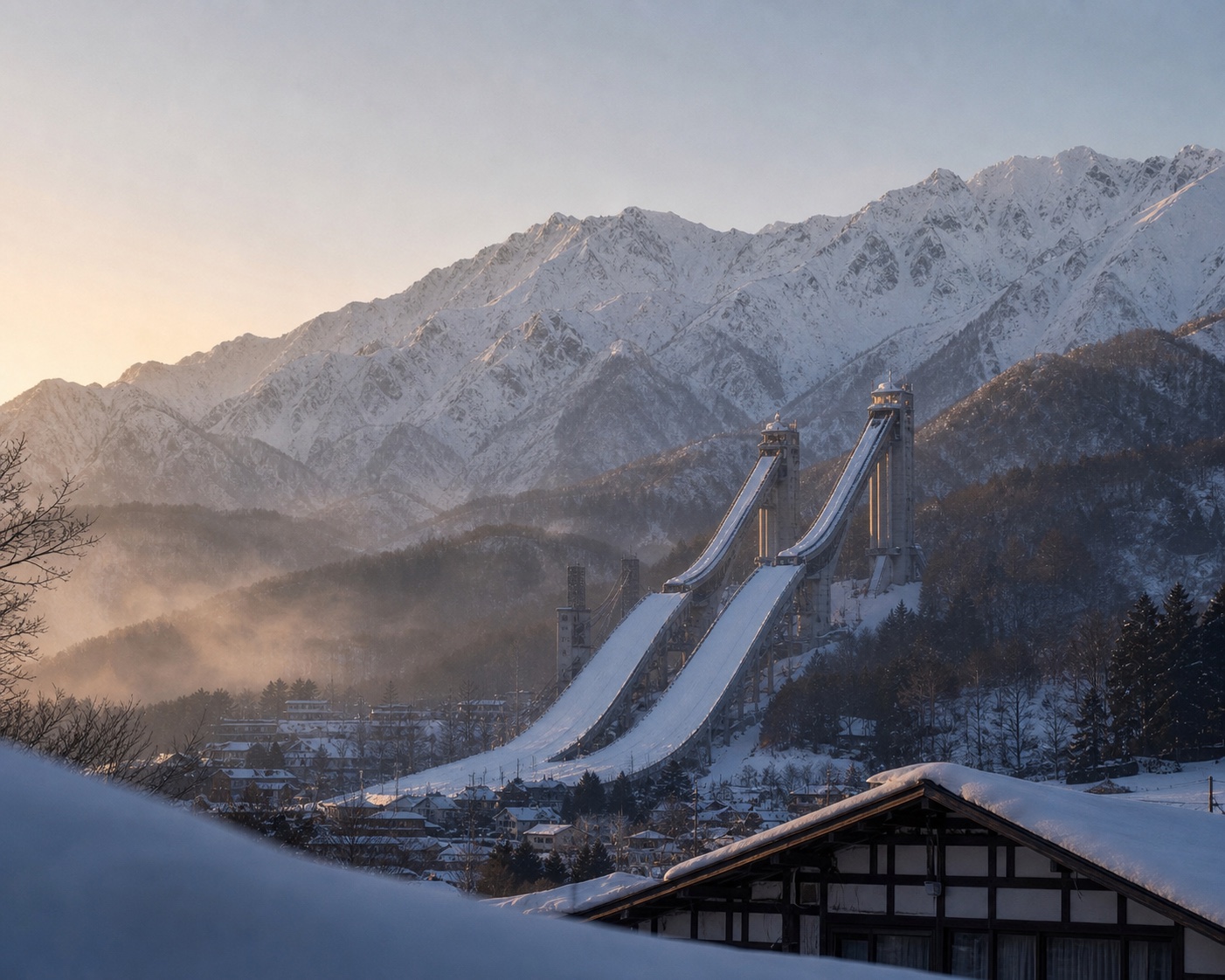 Hakuba's twin Olympic ski jumps beneath the snowy Northern Japanese Alps