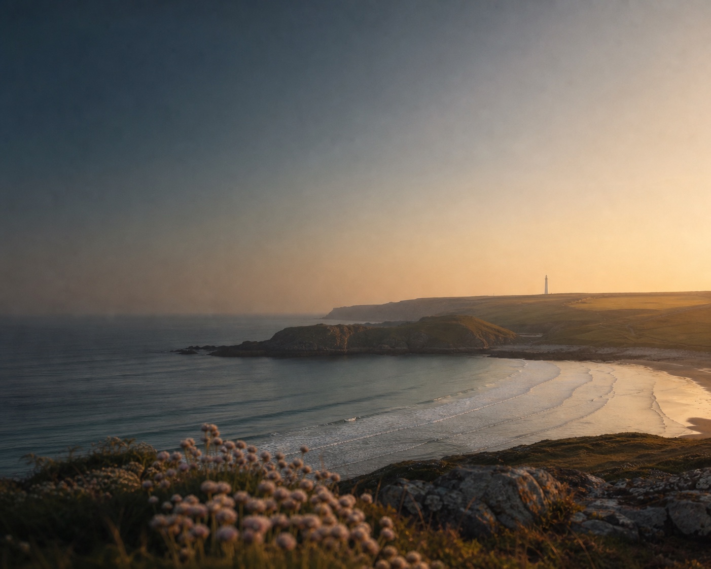 The sheltered Harlyn Bay crescent with Trevose Head lighthouse beyond