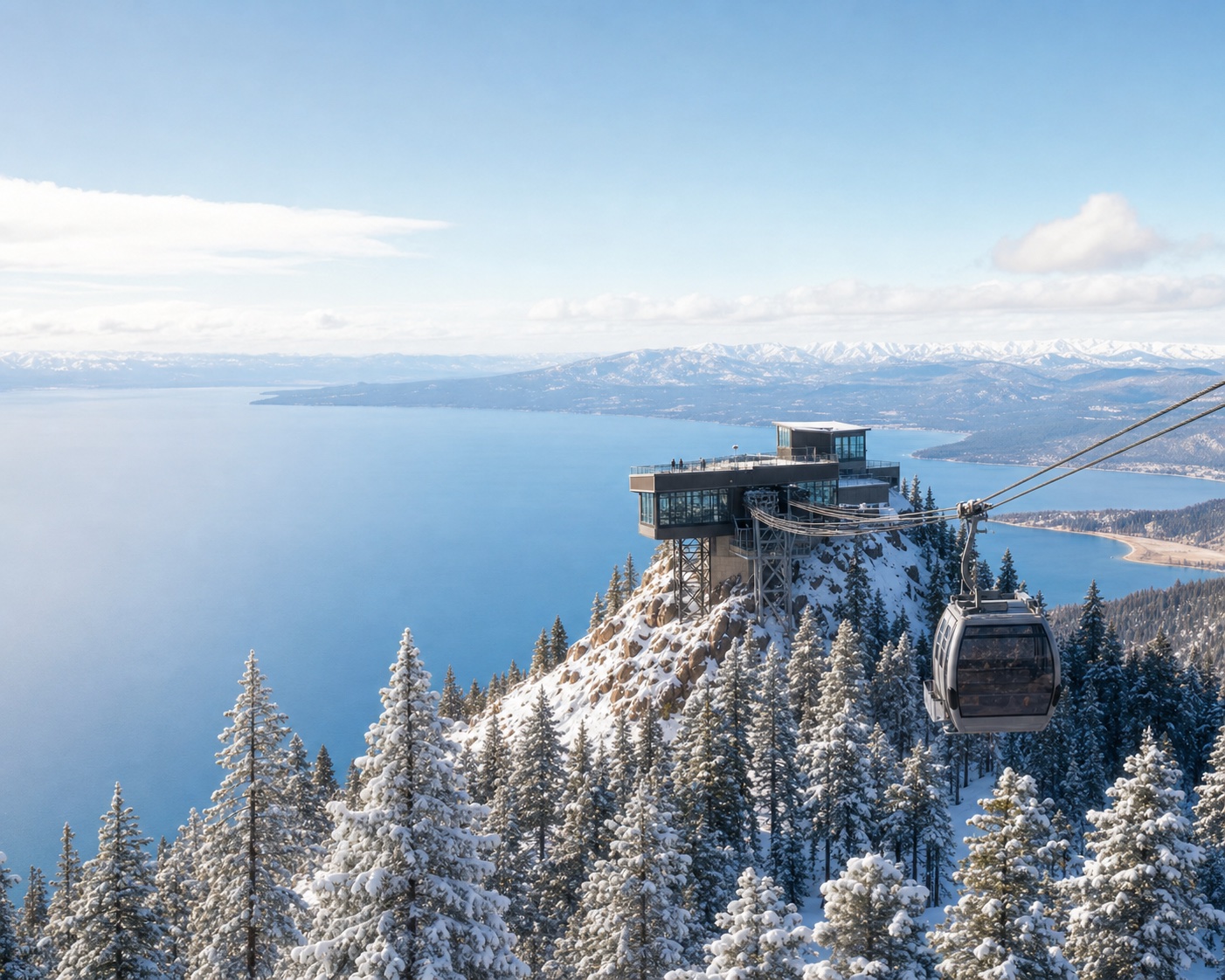 Heavenly gondola above snowy Sierra forest and bright blue Lake Tahoe