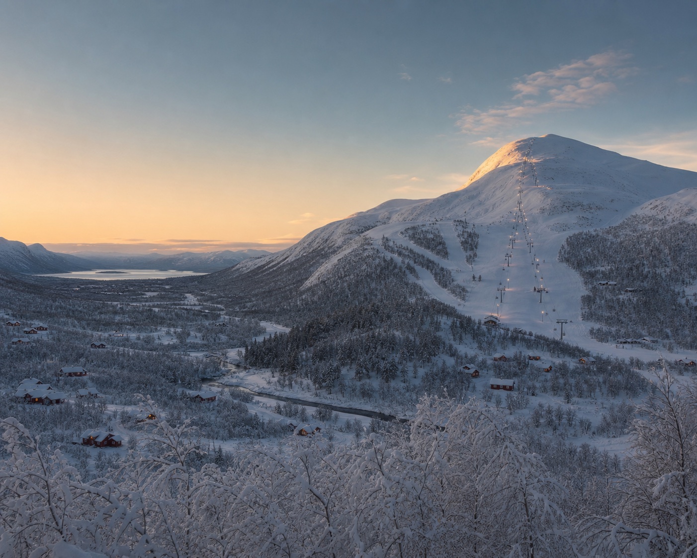 The Totten chairlift above Hemsedal's snowy river valley and red cabins
