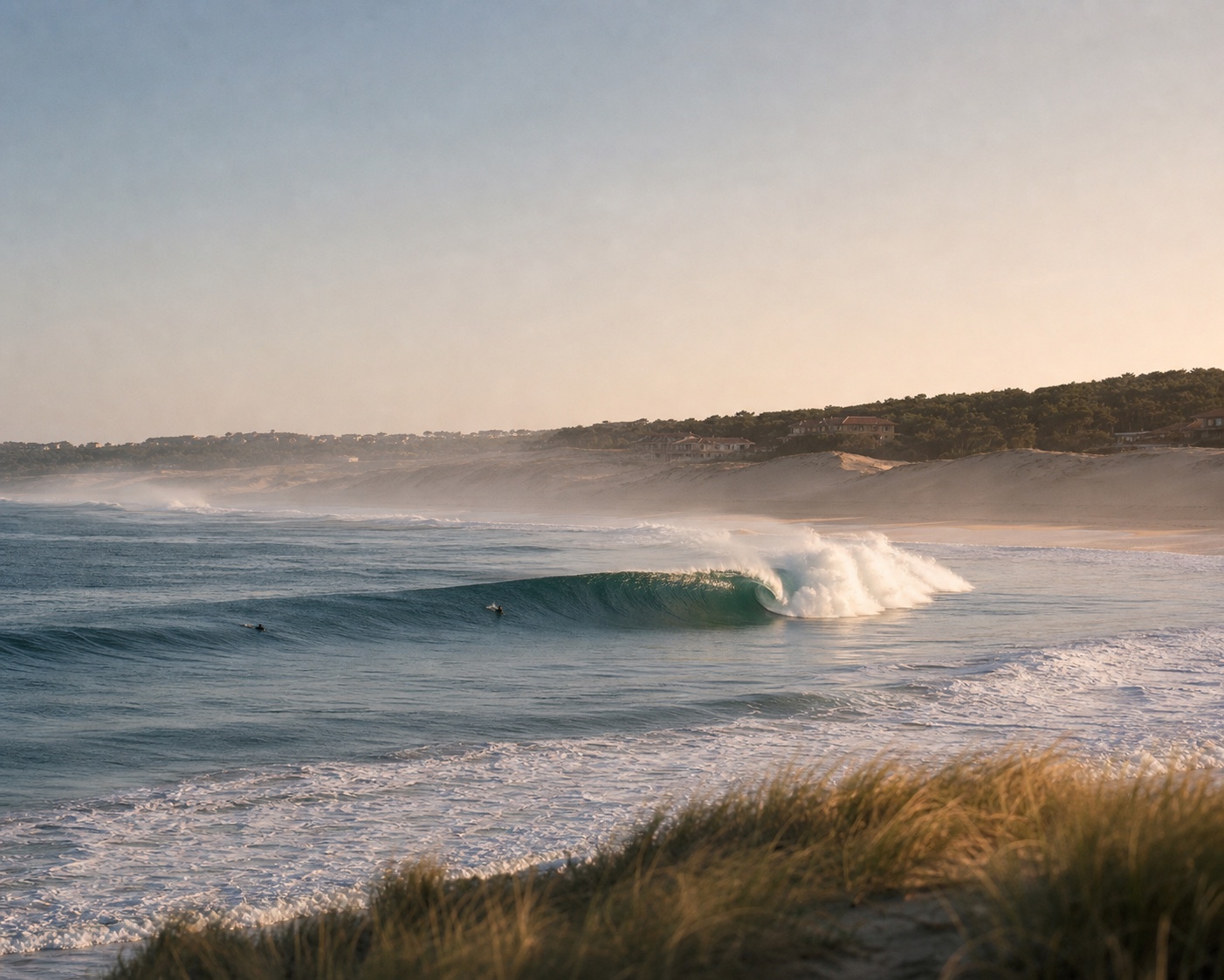 A hollow wave breaking beside the dunes and pine forest at La Gravière in Hossegor
