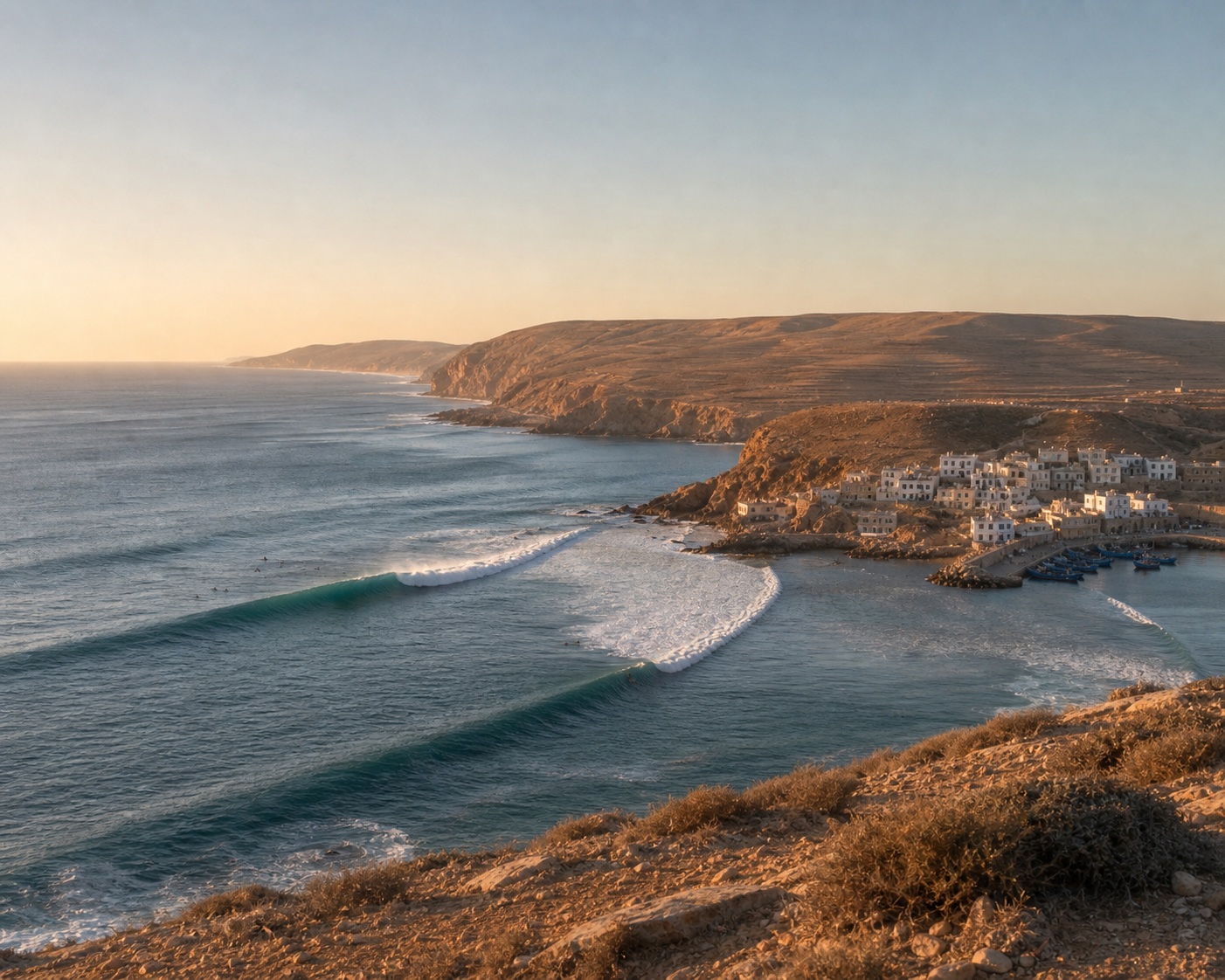 A long point wave wrapping into Imsouane's white fishing village and harbour