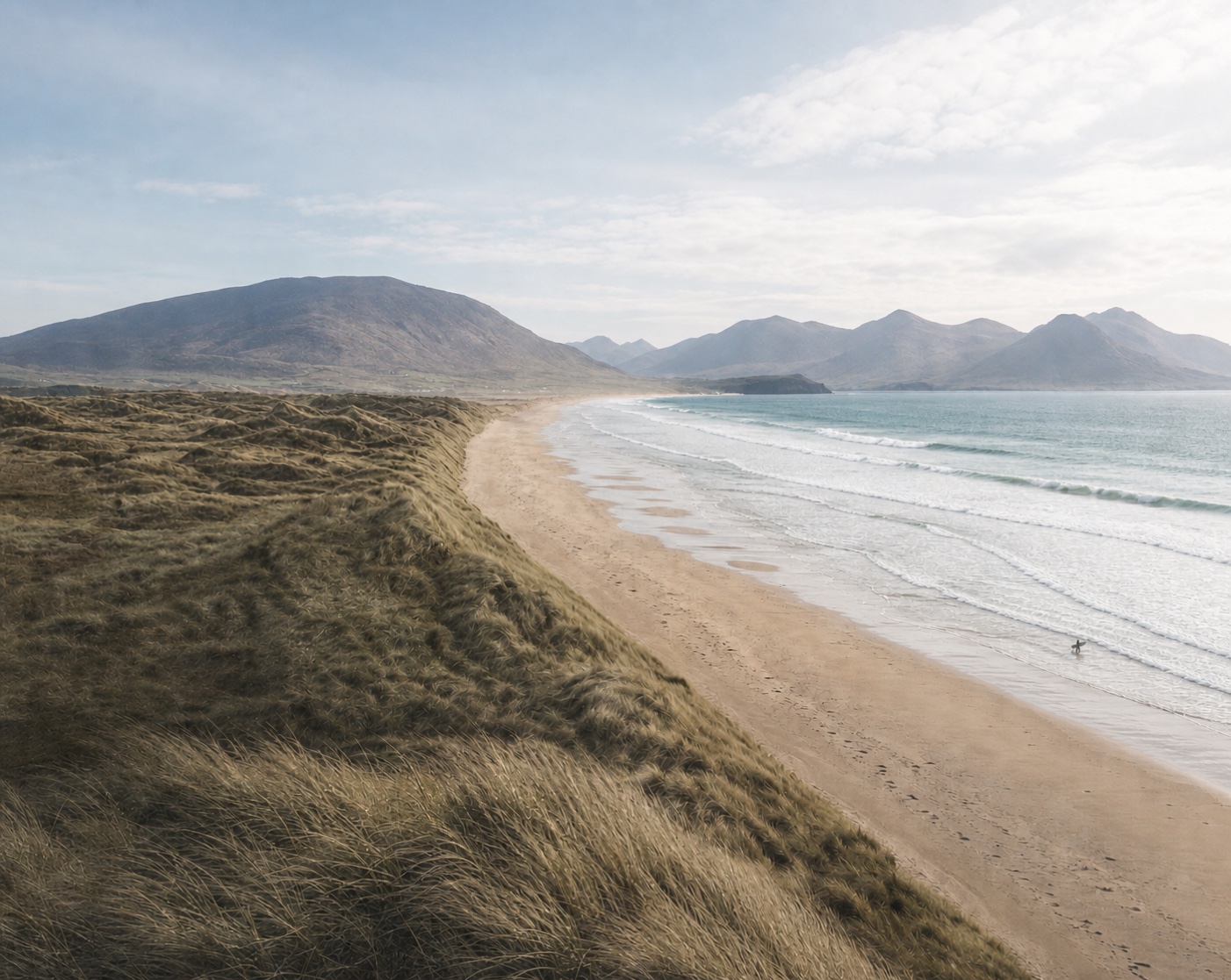 Inch Beach's long sand spit beneath the mountains of Dingle Bay