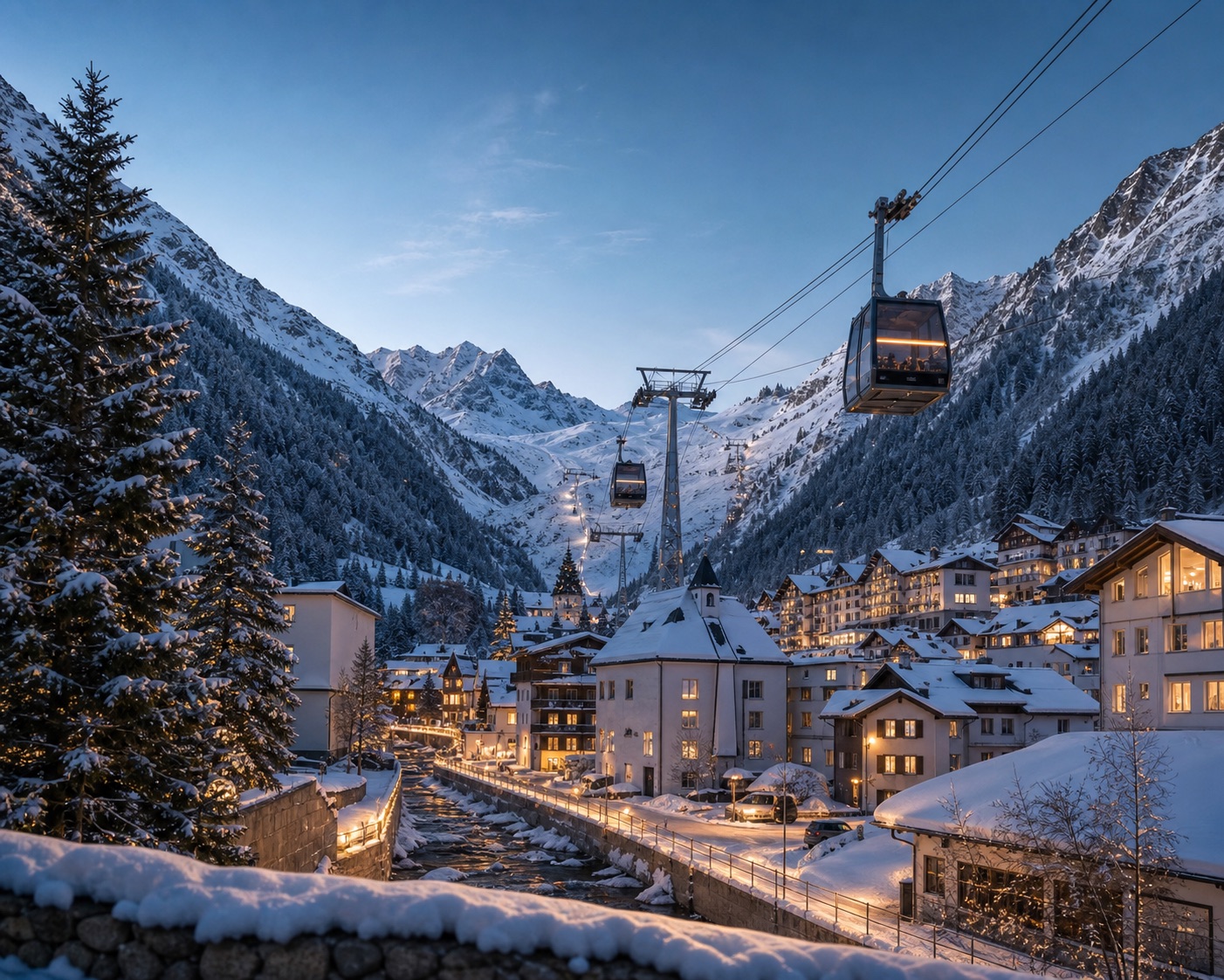 The Silvrettabahn rising from Ischgl village at winter blue hour