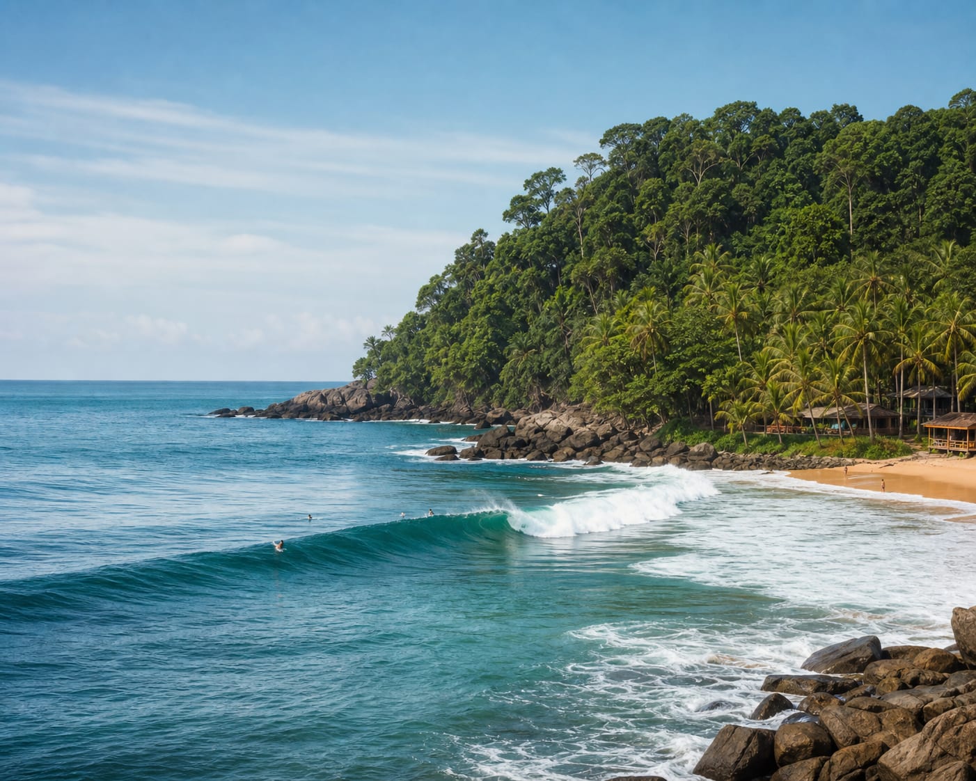 Tiririca surf framed by Itacaré's rocky Atlantic rainforest headland
