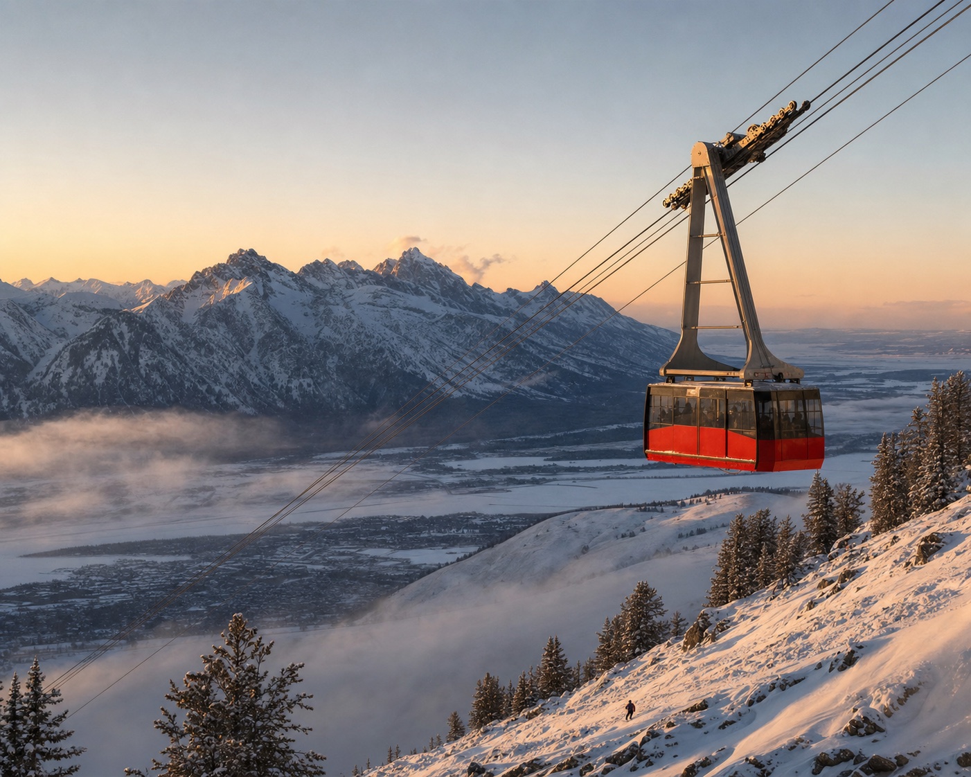 Jackson Hole's red aerial tram crossing the snowy Teton mountains