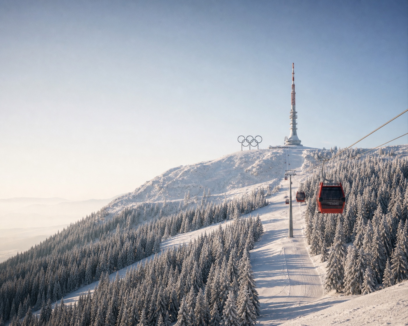 Jahorina gondola climbing towards its Olympic summit tower