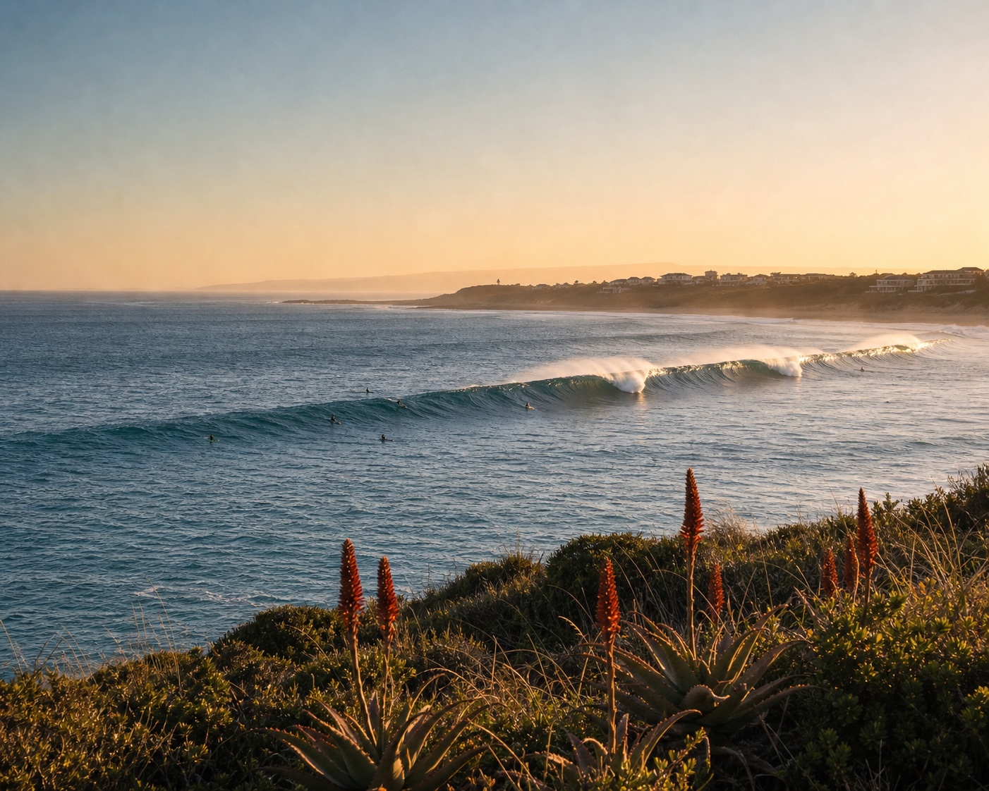 Long right-breaking waves beyond flowering aloes at Jeffreys Bay