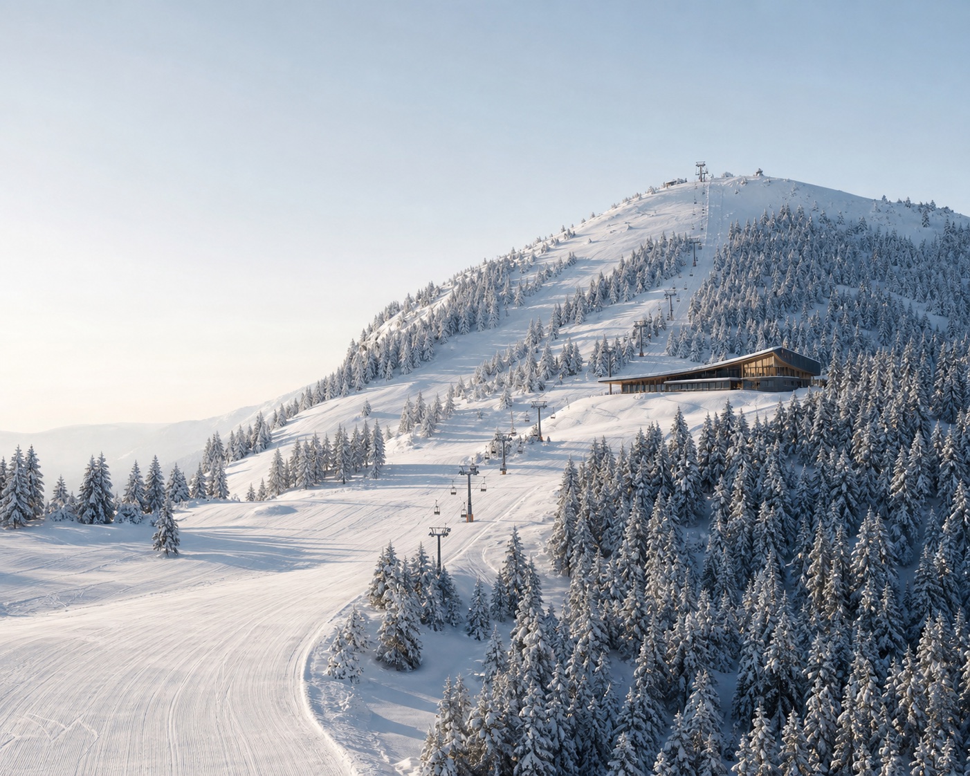 Kartalkaya lifts and pistes winding through the snowy Köroğlu forest