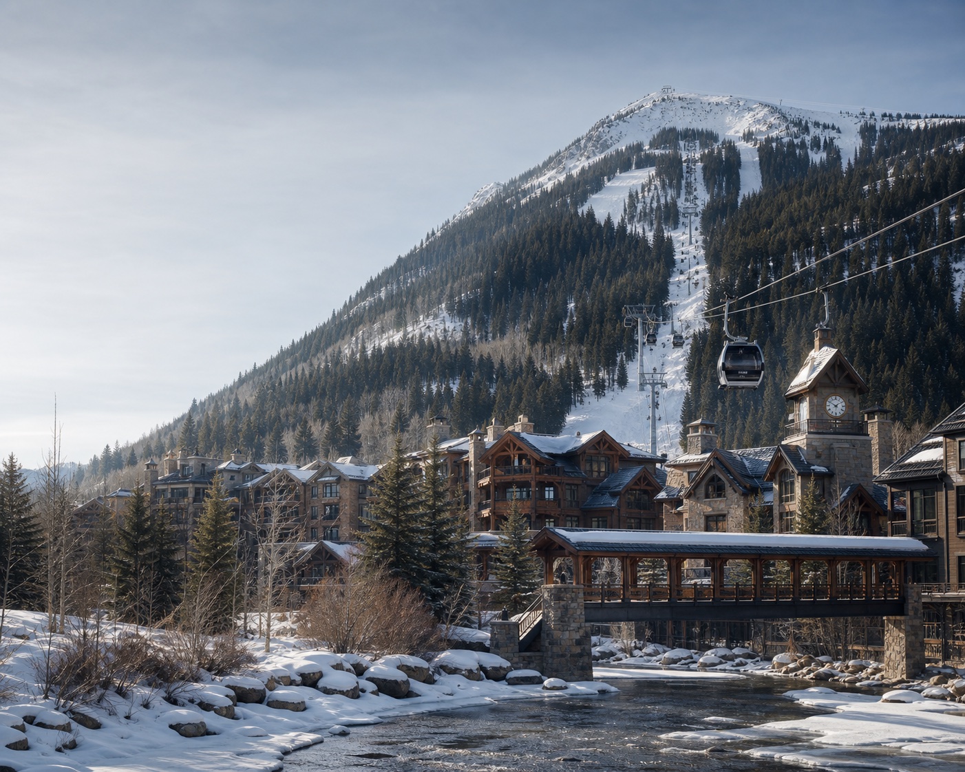 Keystone's River Run gondola above its covered bridge and village