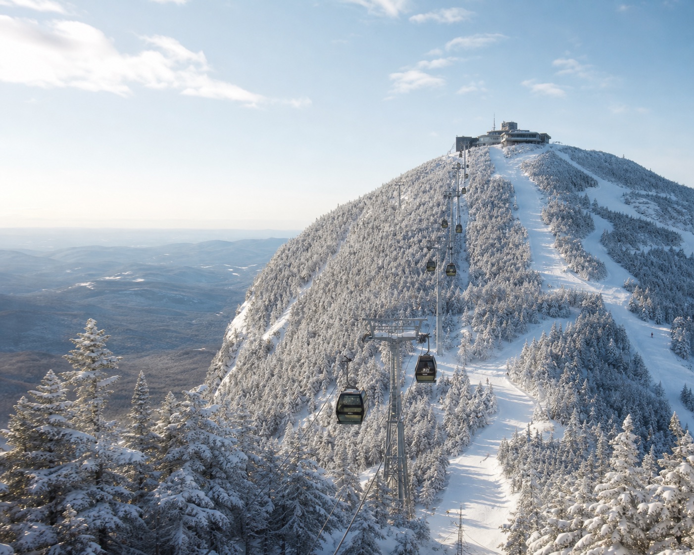Killington's K-1 gondola climbing through snow to the Peak Lodge