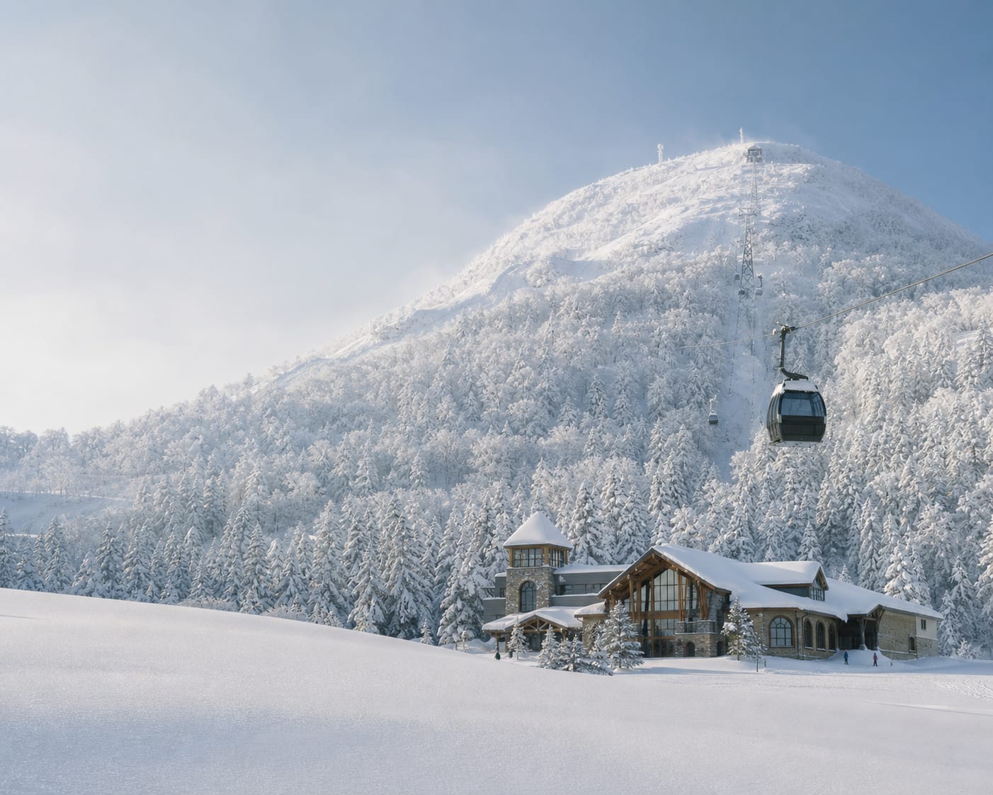 Kiroro gondola climbing through deep Hokkaido snow above its mountain centre