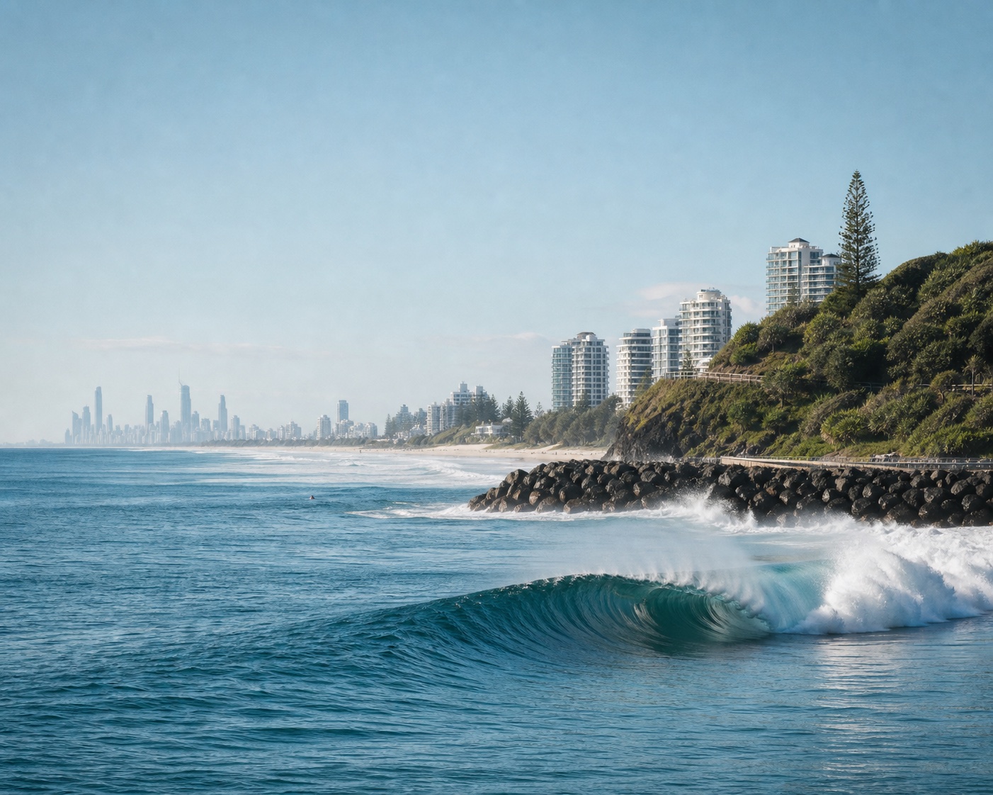 A Kirra barrel racing past the big groyne and Gold Coast skyline